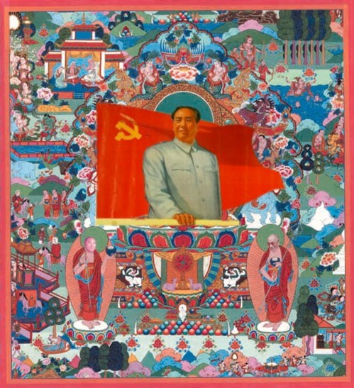毛沢東がダライ・ラマとパンチェン・ラマを従えた曼荼羅壁画