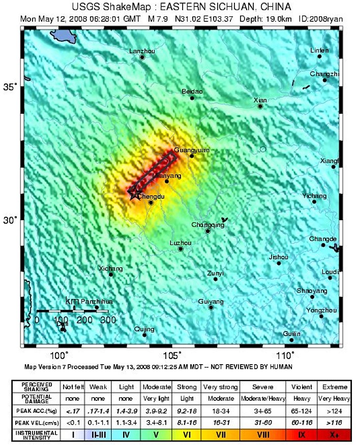 四川大地震の震源付近の震度分布図