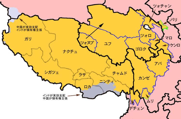 チベットの各自治地区の地図